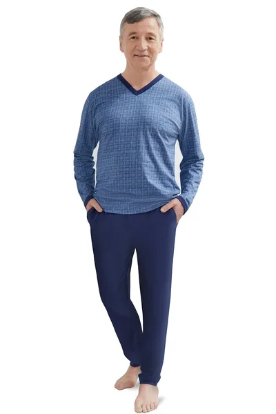Pohodlné modré pánské pyžamo s kostkovaným V-neck tričkem MARTEL
