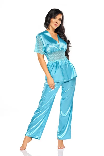 Elegantní modré saténové dlouhé pyžamo Beauty Night Fashion