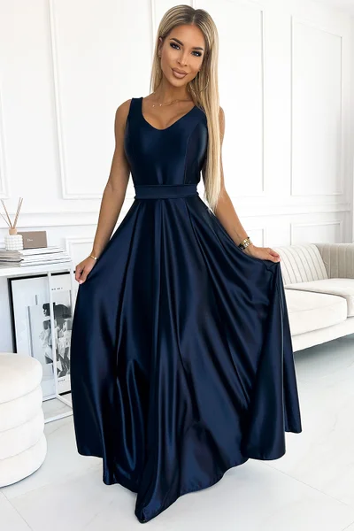 Tmavě modré elegantní saténové společenské šaty Numoco