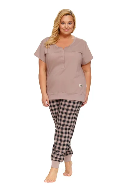 Bavlněné béžové dámské pyžamo s kostkovanými kalhotami Doctornap
