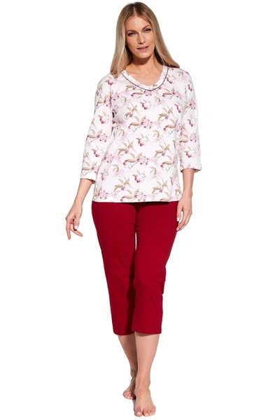 Vínovo-bílé dámské pyžamo s capri kalhotami Cornette plus size