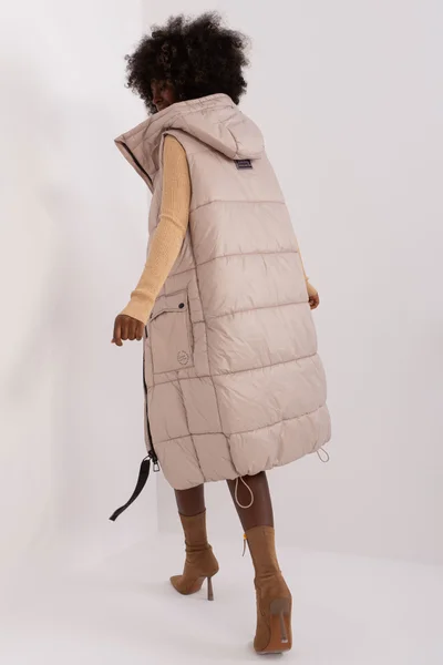 Krémová dámská dlouhá maxi vesta s kapucí FPrice