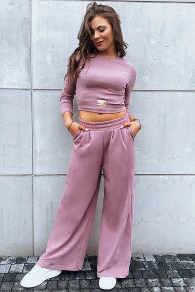 Lila dámský ležérní komplet crop top a široké kalhoty Dstreet