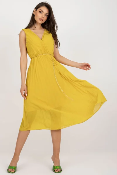 Žluté dámské tylové midi šaty bez rukávů ITALY MODA
