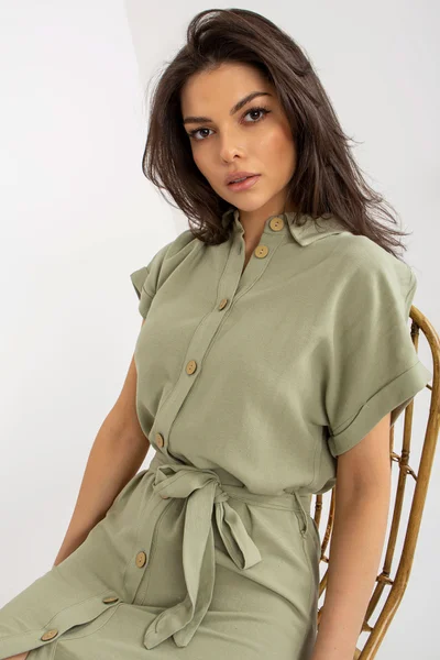 Světlé khaki dámské košilové šaty s límečkem FPrice