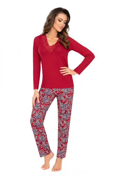 Červené dámské dlouhé pyžamo se vzorovanými kalhotami Donna