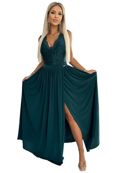 Smaragdové společenské dlouhé šaty s rozparkem Numoco