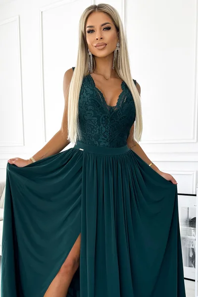 Smaragdové společenské dlouhé šaty s rozparkem Numoco