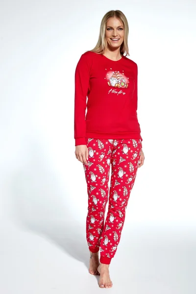 Dlouhé červené dámské pyžamo se vzorovanými kalhotami Cornette
