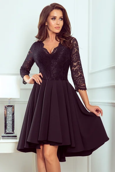 NICOLLE - Černé dámské šaty s delším zadním dílem a s krajkovým výstřihem 10
