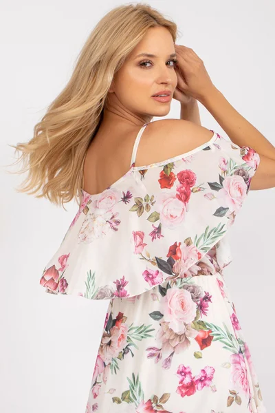 Ecru dámské letní mini šaty s růžovými květy FPrice