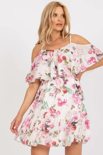 Ecru dámské letní mini šaty s růžovými květy FPrice