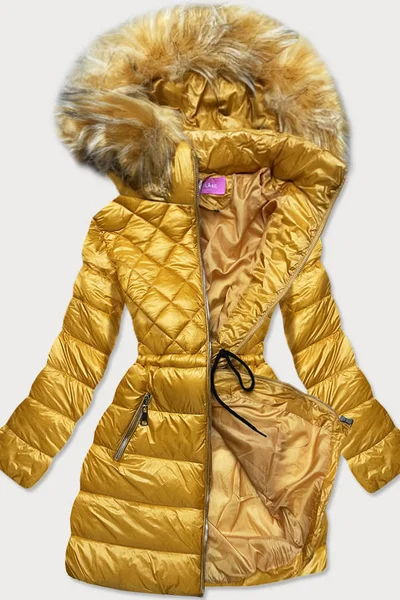 Hořčičně žlutý dámská kabát s kapucí s kožíškem VIOLA&C