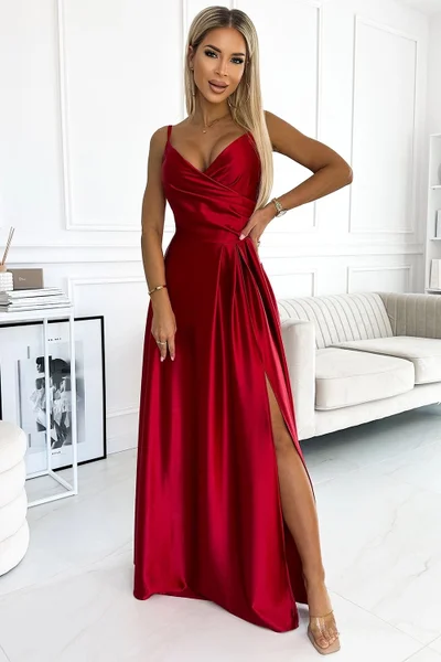 Elegantní rudé dámské saténové šaty Numoco