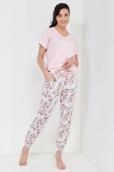 Světle růžové dámské vzorované pyžamo s dlouhými kalhotami Cana