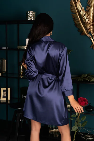 Sexy saténový tmavě modrý župánek ke kolenům Livia Corsetti Fashion