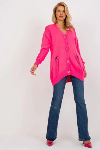 Dámský růžový maxi svetr s knoflíky a výstřihem do V Rue Paris