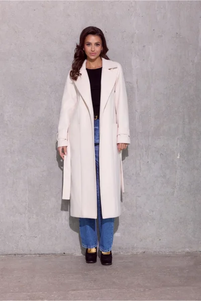 Krémový dámský dlouhý kabát na zavazování Roco Fashion