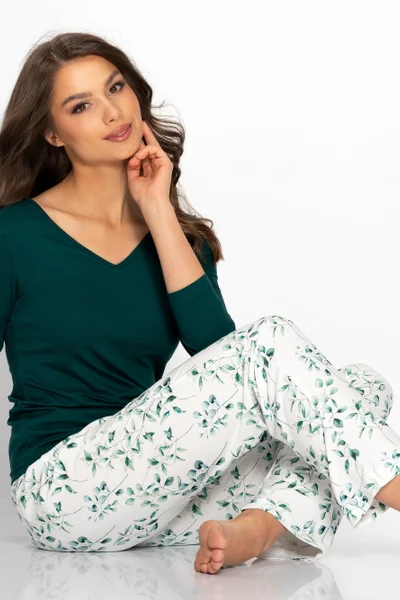 Zeleno-bílé dámské vzorované pyžamo s dlouhými kalhotami Momenti Per Me