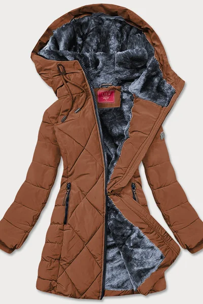Hnědý dámský prošívaný kabát s kožíškem LHD