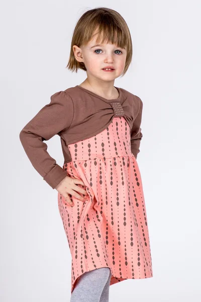 Bavlněné dívčí šaty s potiskem a dlouhými rukávy broskvové barvy FPrice