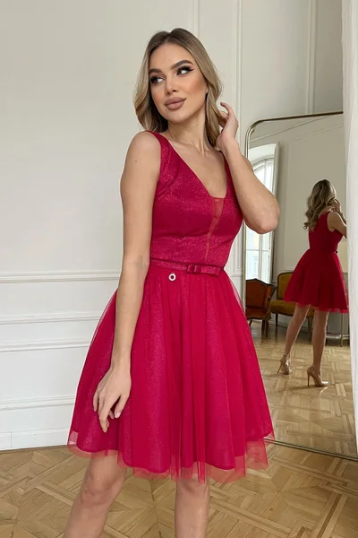 Společenské červené mini šaty s nabíranou sukní BICOTONE