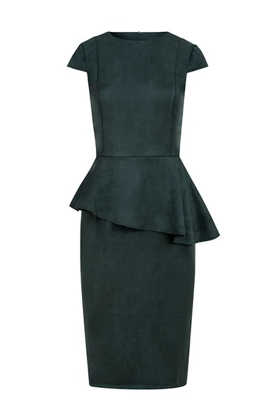 Elegantní lahvově zelené semišové midi šaty s volánkem Numoco 192-10