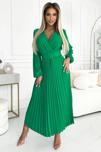 Dlouhé zelené dámské šaty s plisovanou sukní Numoco