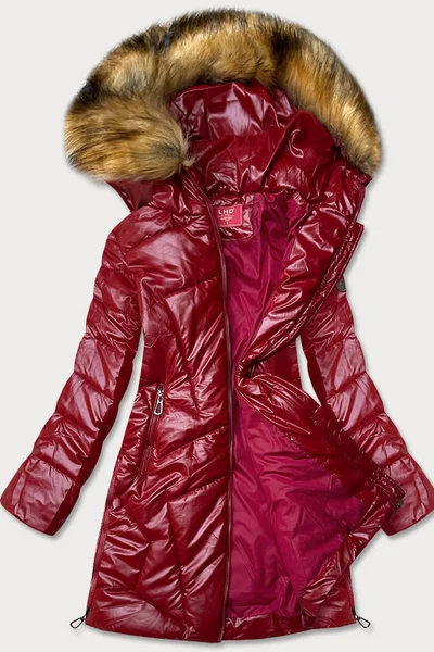 Metalický vínový dámský prošívaný kabát s kapucí LHD
