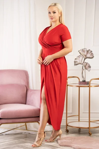 Elegantní červené dámské dlouhé šaty pro plnoštíhlé Karko