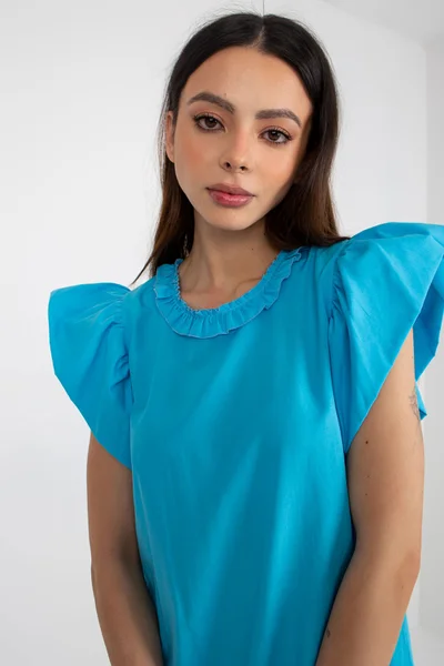Minimalistické tyrkysové dámské šaty s ozdobnými rukávy FPrice