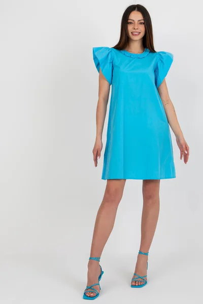 Minimalistické tyrkysové dámské šaty s ozdobnými rukávy FPrice