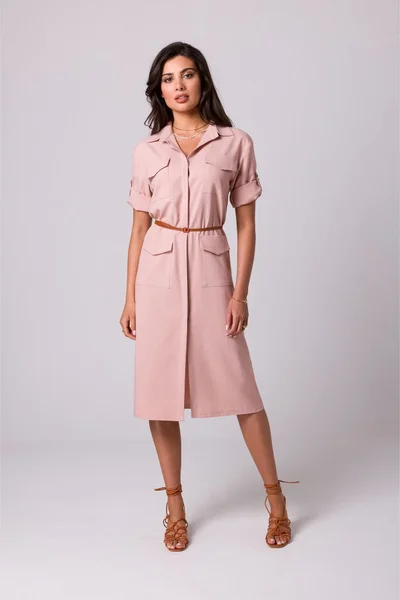 Dámské košilové midi šaty s páskem v růžové barvě BE