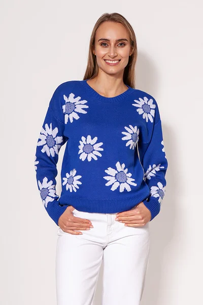 Modrý dámský pulovr s motivem kopretin MKM