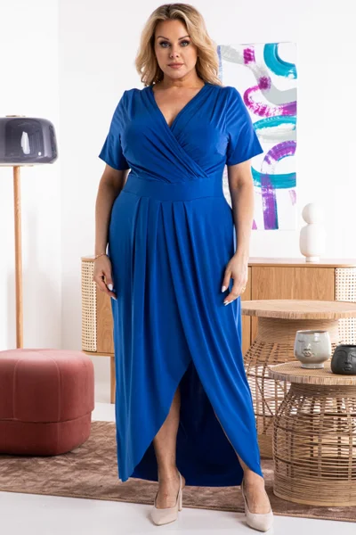Královsky modré dámské překládané šaty plus size Karko