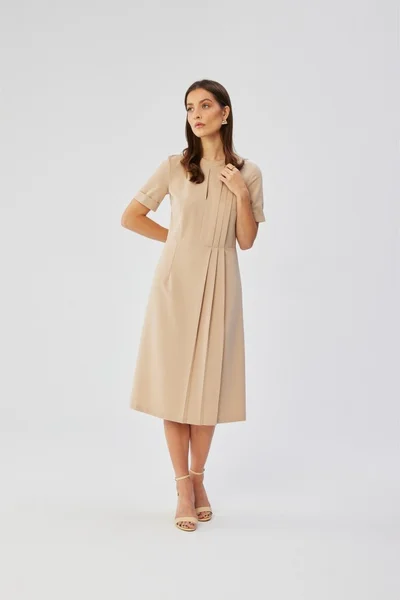 Béžové dámské midi šaty s rozšířenou sukní STYLOVE