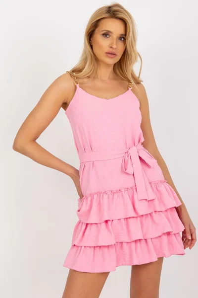 Světle růžové mini šaty na ramínka s volánky Lakerta
