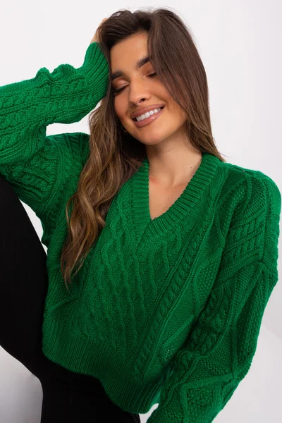 Zelený vzorovaný svetr V-neck FPrice