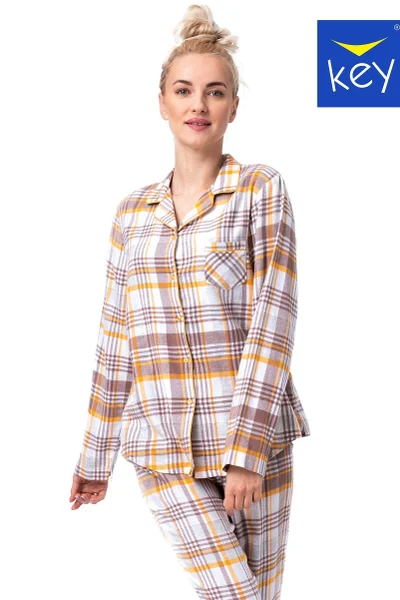 Béžové kostkované flanelové dámské pyžamo Key