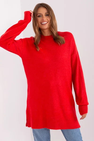 Červený dámský maxi svetr s kulatým výstřihem FPrice