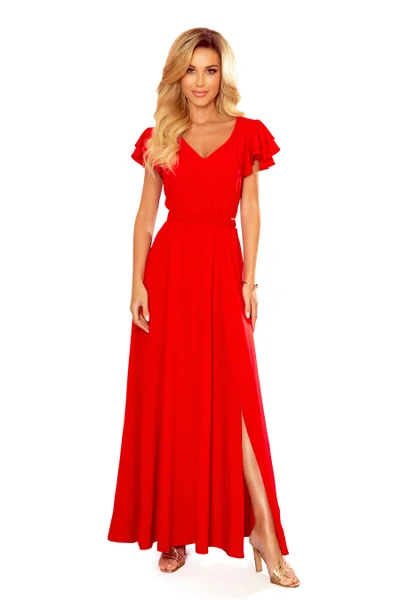 Dlouhé červené dámské šaty s volánky a dekoltem Numoco 310-2