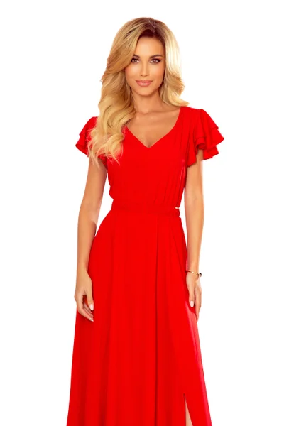 Dlouhé červené dámské šaty s volánky a dekoltem Numoco 310-2