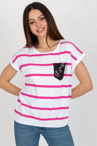 Bílo-růžové dámské pruhované tričko s krátkým rukávem FPrice