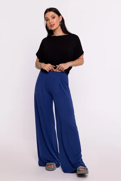 Tmavě modré dámské široké kalhoty s vysokým pasem BeWear