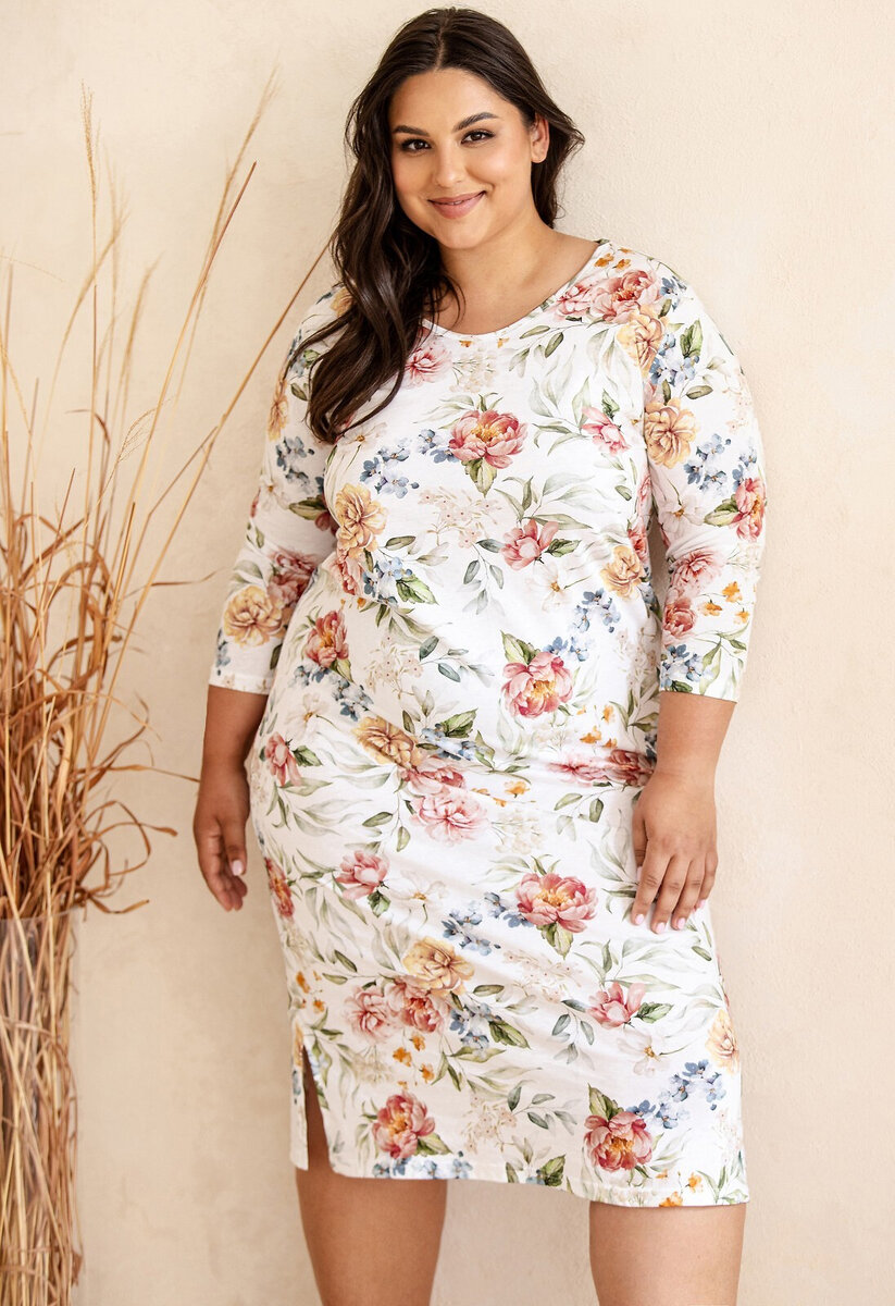 Noční květovaná košilka na spaní Taro plus size, bílé květy 3xl i384_18353353