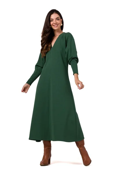 Dlouhé zelené šaty s nabíranými rukávy BeWear