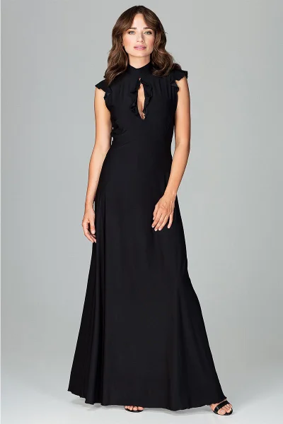 Elegantní dlouhé černé šaty s volánky Lenitif