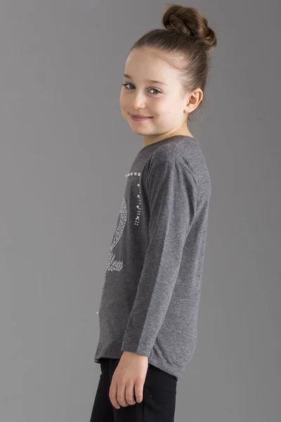 Dívčí tmavě šedé tričko s potiskem a dlouhým rukávem FPrice