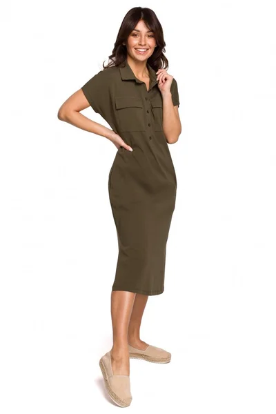Dámské SQ963 Safari dámské šaty s kapsami s klopou BE