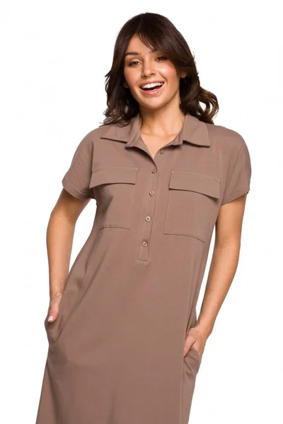 Dámské SQ963 Safari dámské šaty s kapsami s klopou BE
